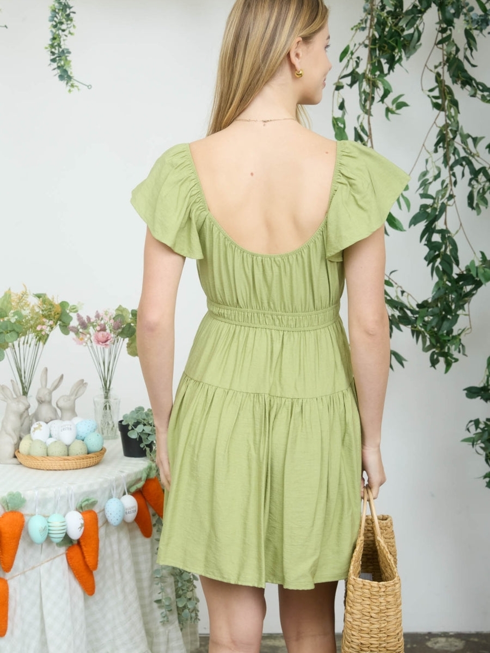 Blu Pepper Olive Green Square-Neck Tiered Mini Dress - Picture 2 of 3